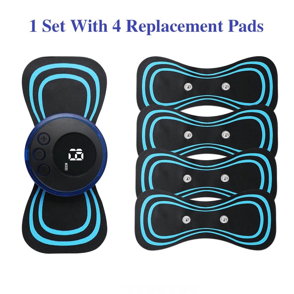 Mini masajeador de cuello EMS portátil Nexorretail con parche eléctrico cervical y pantalla LCD, diseño compacto y ergonómico.