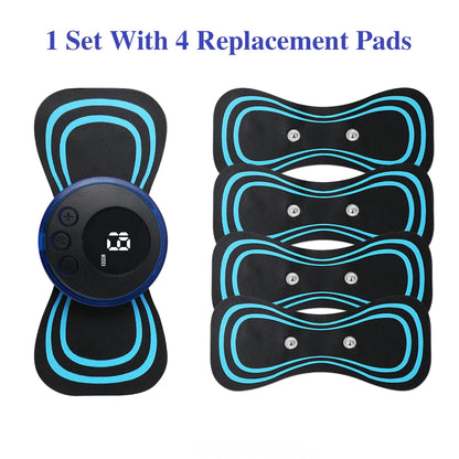 Mini masajeador de cuello EMS portátil Nexorretail con parche eléctrico cervical y pantalla LCD, diseño compacto y ergonómico.