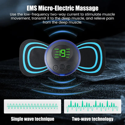 Mini masajeador de cuello EMS portátil de Nexorretail con parche eléctrico cervical y pantalla LCD para alivio muscular.