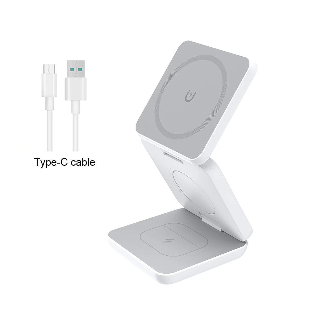 Cargador inalámbrico 3 en 1 estación de carga inalámbrica magnética plegable para iPhone 15 14 13 12 Pro Max Apple Watch 8 9 cargador
