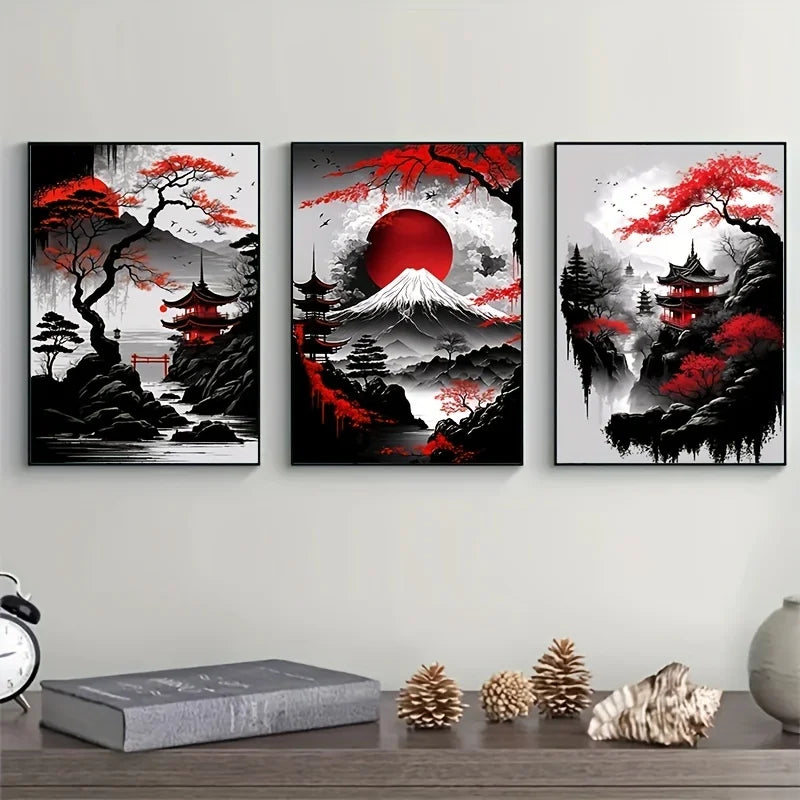 Pintura en lienzo de paisaje Natural japonés sin marco, carteles negros y rojos, impresiones artísticas de pared con tinta Vintage para sala de estar y hogar, 3 uds.