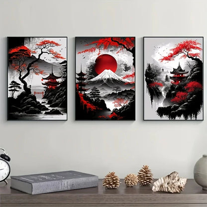 Pintura en lienzo de paisaje Natural japonés sin marco, carteles negros y rojos, impresiones artísticas de pared con tinta Vintage para sala de estar y hogar, 3 uds.
