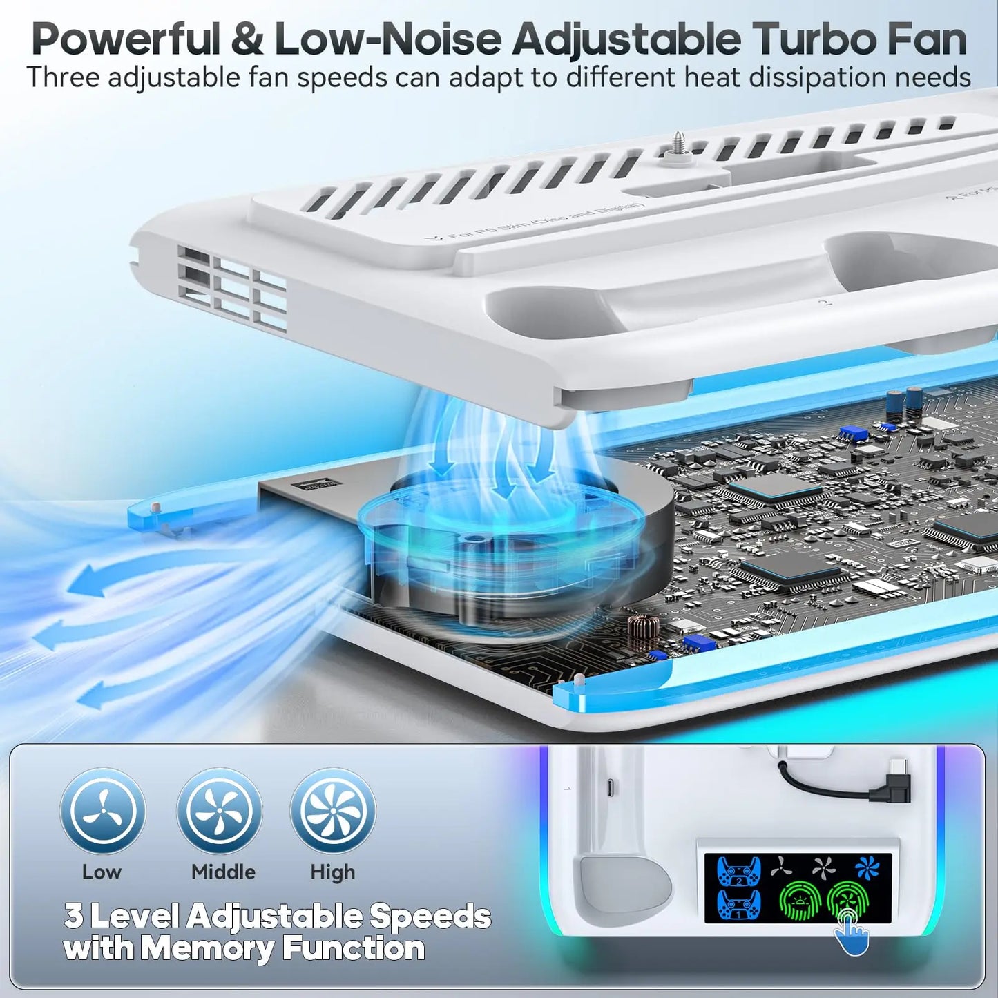 Base de carga y soporte de refrigeración para PS5 Nexorretail con iluminación RGB dual, compatible con consola y controladores.