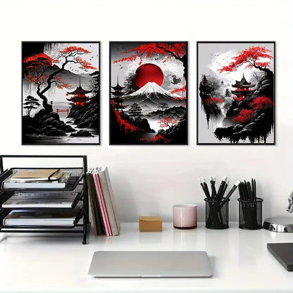 Pintura en lienzo de paisaje Natural japonés sin marco, carteles negros y rojos, impresiones artísticas de pared con tinta Vintage para sala de estar y hogar, 3 uds.