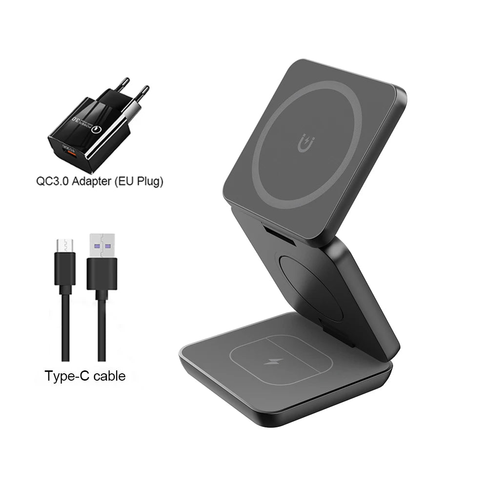 Cargador inalámbrico 3 en 1 estación de carga inalámbrica magnética plegable para iPhone 15 14 13 12 Pro Max Apple Watch 8 9 cargador