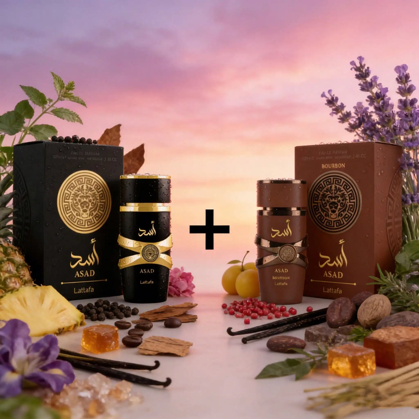 Set de perfumes para hombre Lattafa Asad y Asad Bourbon en estuche, frascos de 50ml cada uno, elegantes y sofisticados.