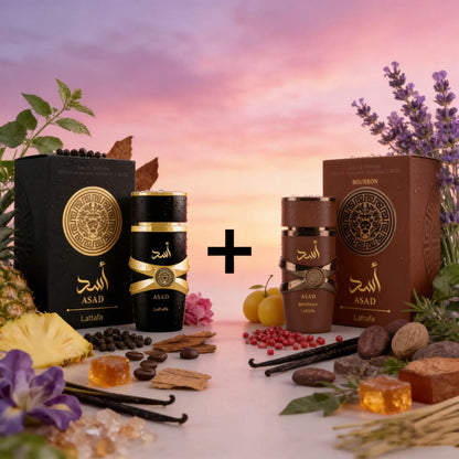 Set de perfumes para hombre Lattafa Asad y Asad Bourbon en estuche, frascos de 50ml cada uno, elegantes y sofisticados.