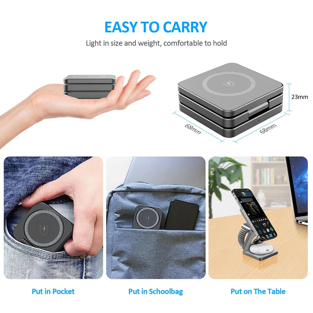 Cargador inalámbrico 3 en 1 estación de carga inalámbrica magnética plegable para iPhone 15 14 13 12 Pro Max Apple Watch 8 9 cargador
