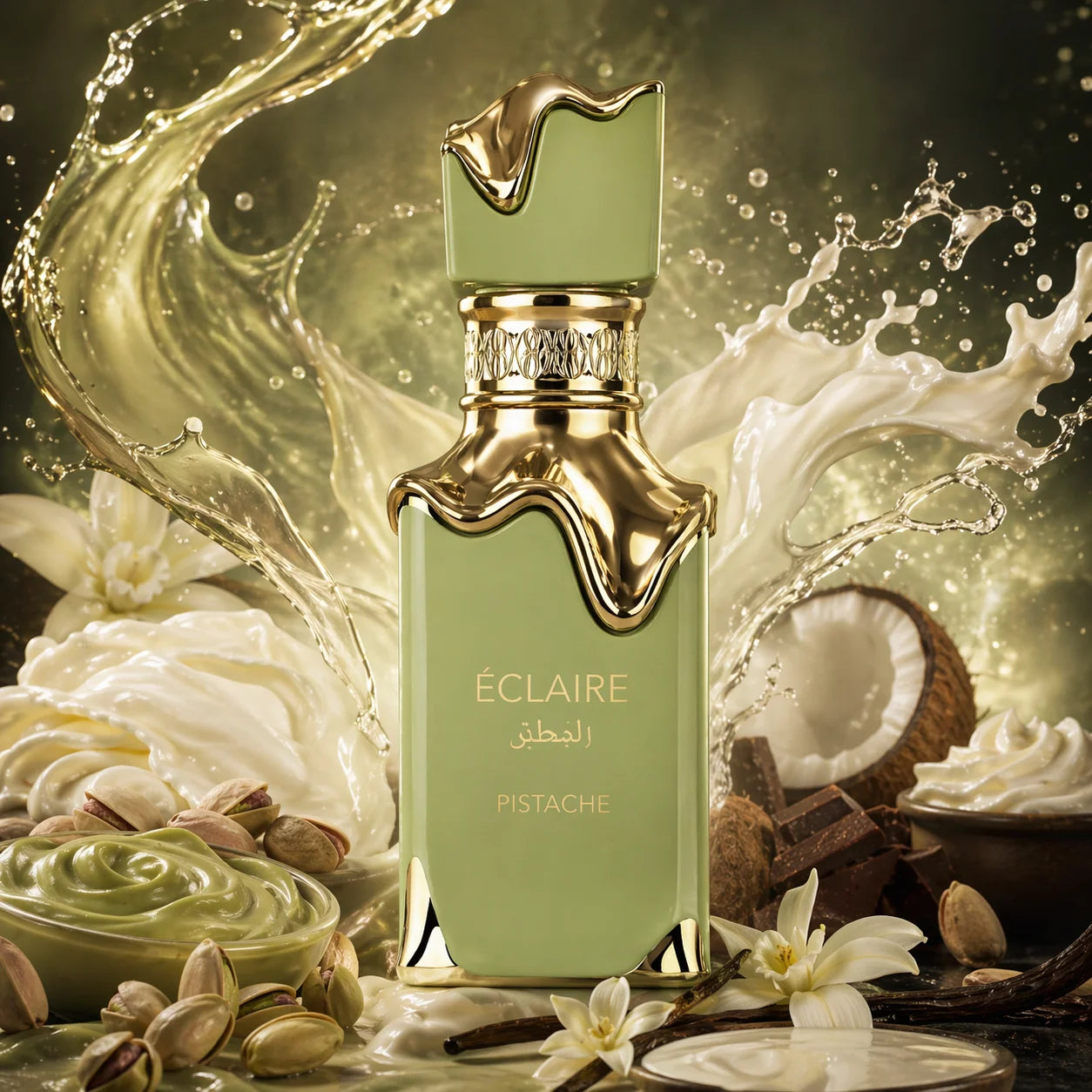 Perfume Lattafa Eclaire Pistache de 30ml, Eau de Parfum árabe original con frascos elegante y diseño distintivo.