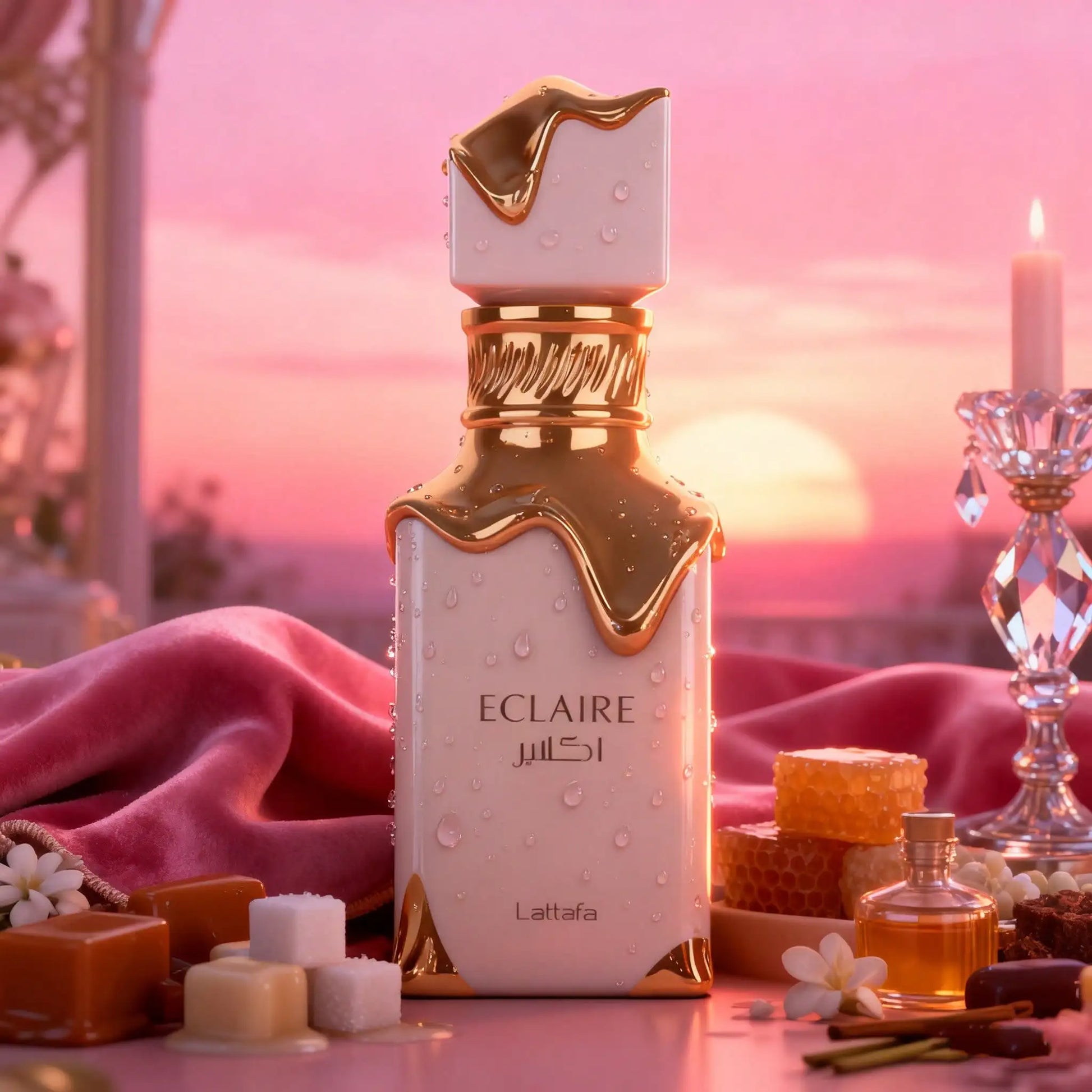 Perfume Lattafa Eclaire 30ml, Eau de Parfum árabe gourmand para mujer, botella elegante con detalles dorados.