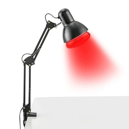 Lámpara de terapia infrarroja Nexorretail de 150W con cabezal ajustable 360° y mesa plegable para uso terapéutico.