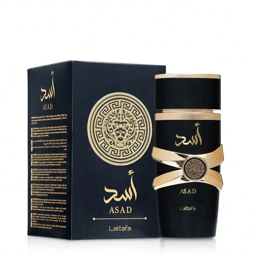 Perfume Lattafa Asad para hombre en frasco de 50ml, Eau de Parfum árabe original con diseño elegante y moderno.