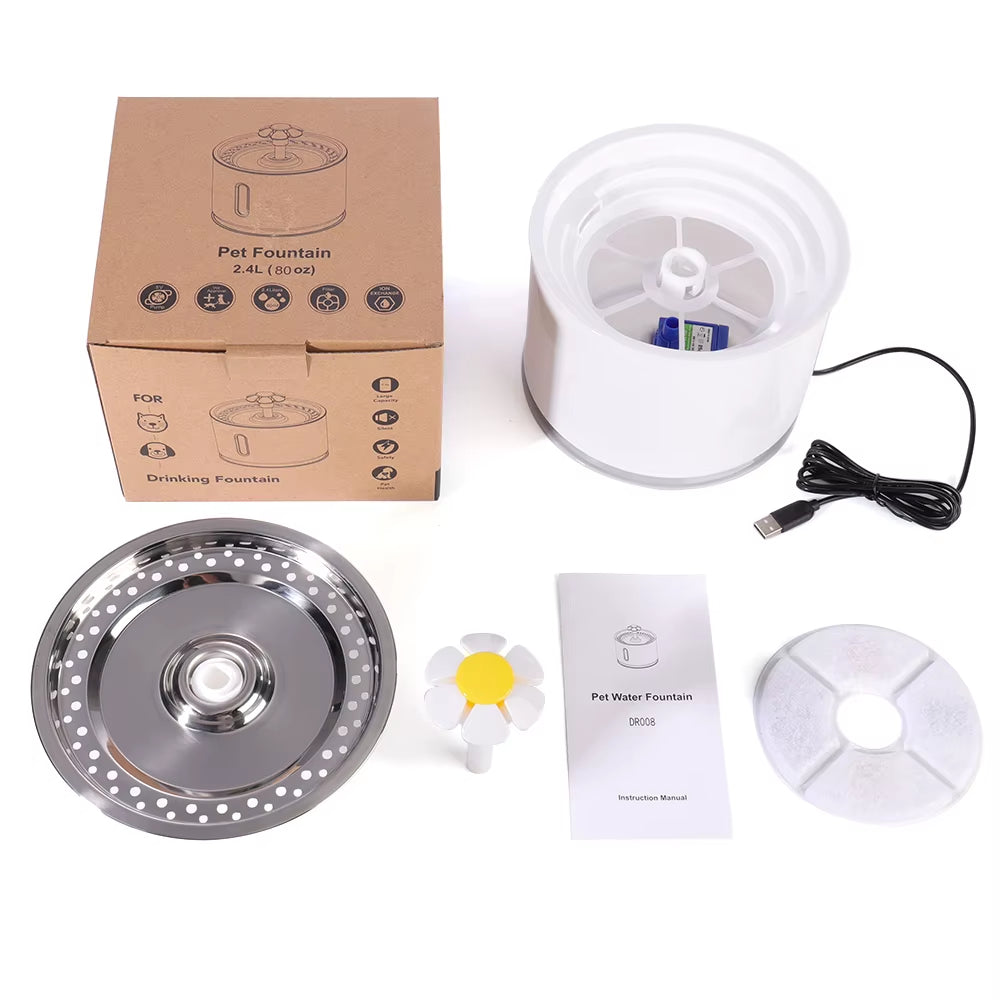 Fuente de agua automática para Gato con iluminación LED, paquete de 5 filtros, 2,4 L, USB, bebedero silencioso para perros y gatos, dispensador de bebidas