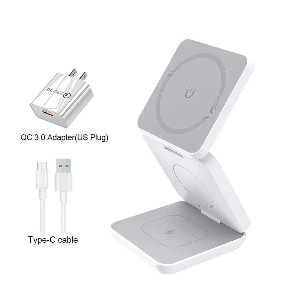 Cargador inalámbrico 3 en 1 estación de carga inalámbrica magnética plegable para iPhone 15 14 13 12 Pro Max Apple Watch 8 9 cargador