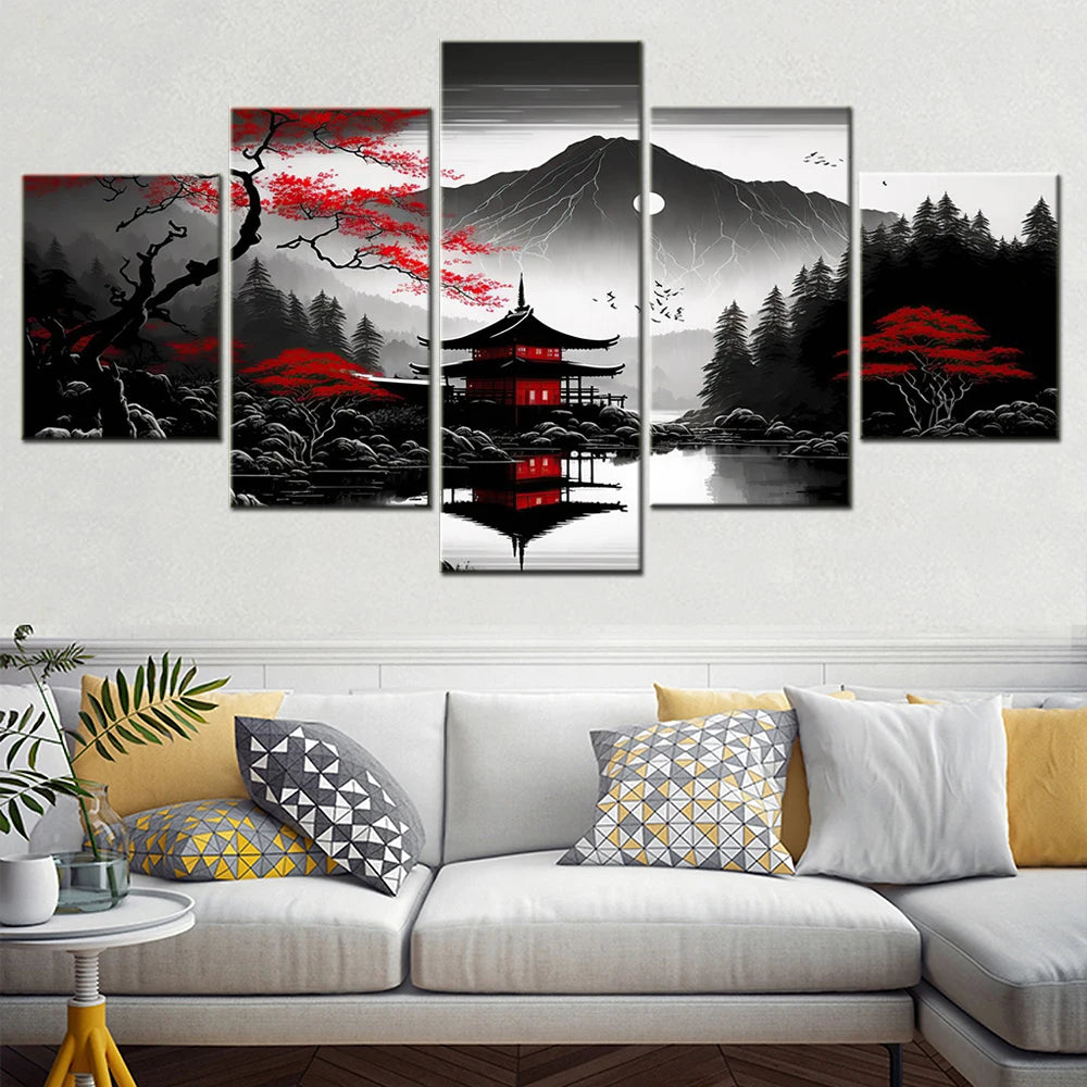 5 piezas de lienzo de paisaje, negro, rojo, montañas japonesas, agua, decoración del hogar, imágenes impresas para pared de salón, obra de arte Interior