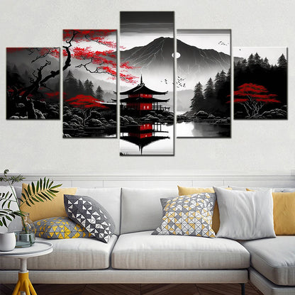 5 piezas de lienzo de paisaje, negro, rojo, montañas japonesas, agua, decoración del hogar, imágenes impresas para pared de salón, obra de arte Interior