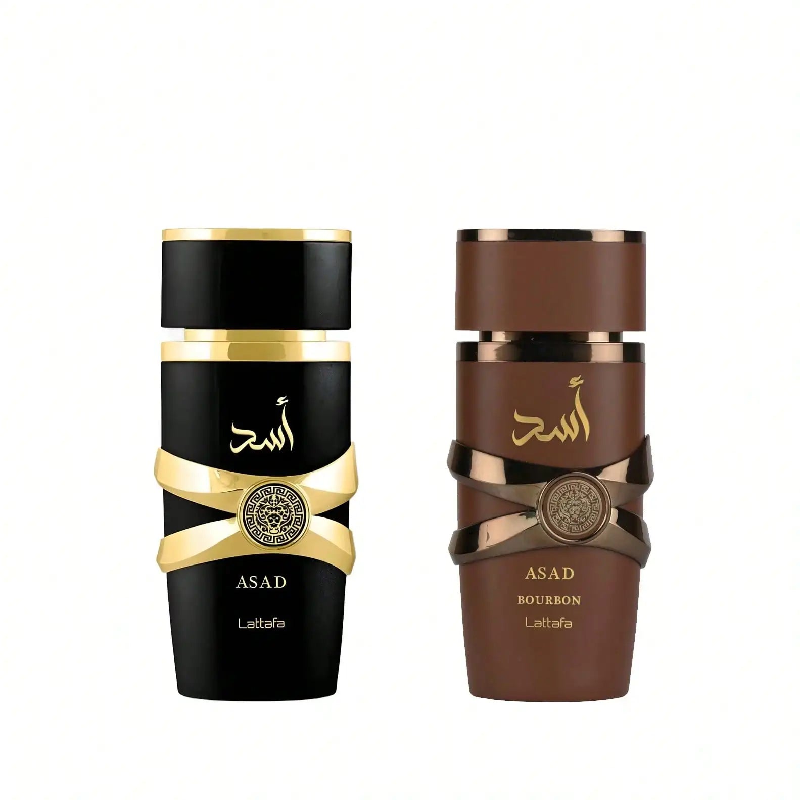 Set de dos perfumes Lattafa Asad y Asad Bourbon de 50ml para hombre en estuche, con frascos elegantes y distintivos.