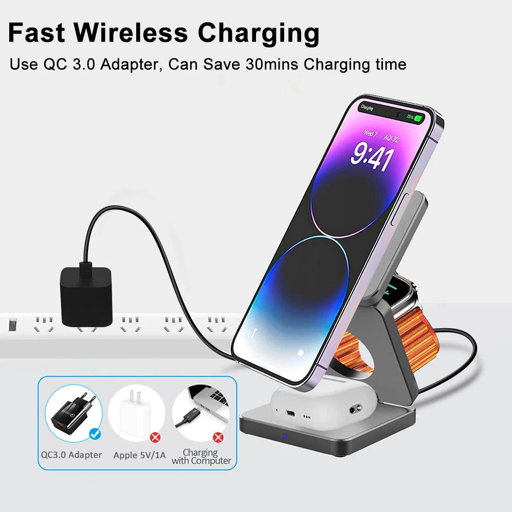 Cargador inalámbrico 3 en 1 estación de carga inalámbrica magnética plegable para iPhone 15 14 13 12 Pro Max Apple Watch 8 9 cargador