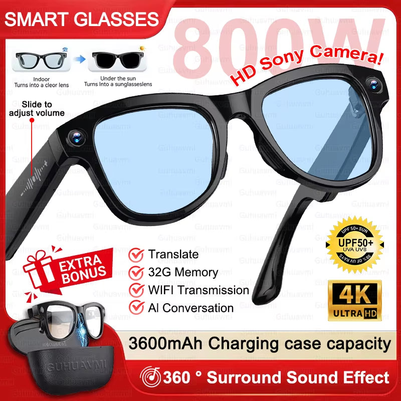 Gafas inteligentes Nexorretail M02 Ultra AI con cámara Sony de 8MP y estuche de 3600mAh, vista desde un ángulo cercano
