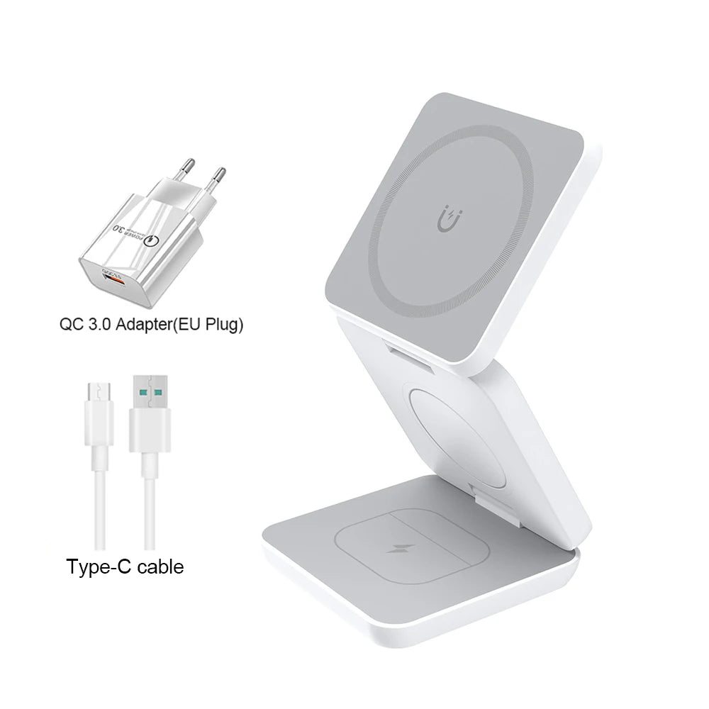 Cargador inalámbrico 3 en 1 estación de carga inalámbrica magnética plegable para iPhone 15 14 13 12 Pro Max Apple Watch 8 9 cargador