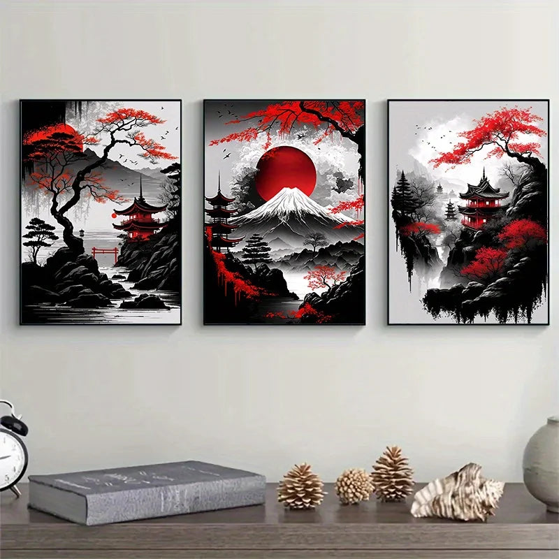 Pintura en lienzo de paisaje Natural japonés sin marco, carteles negros y rojos, impresiones artísticas de pared con tinta Vintage para sala de estar y hogar, 3 uds.