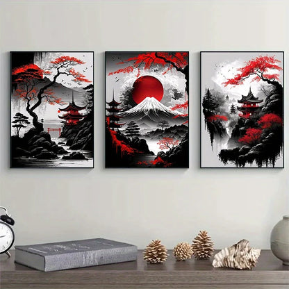 Pintura en lienzo de paisaje Natural japonés sin marco, carteles negros y rojos, impresiones artísticas de pared con tinta Vintage para sala de estar y hogar, 3 uds.