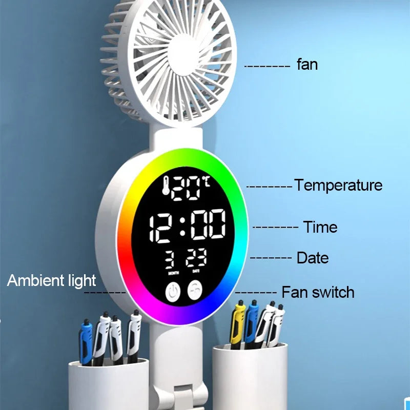 Lámpara de mesa LED con ventilador y reloj, luz de escritorio de lectura para estudio, luz nocturna, brillo ajustable