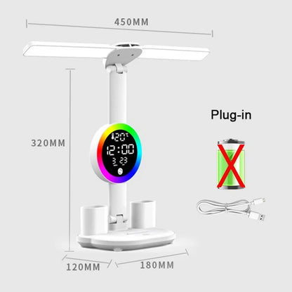 Lámpara de mesa LED con ventilador y reloj, luz de escritorio de lectura para estudio, luz nocturna, brillo ajustable