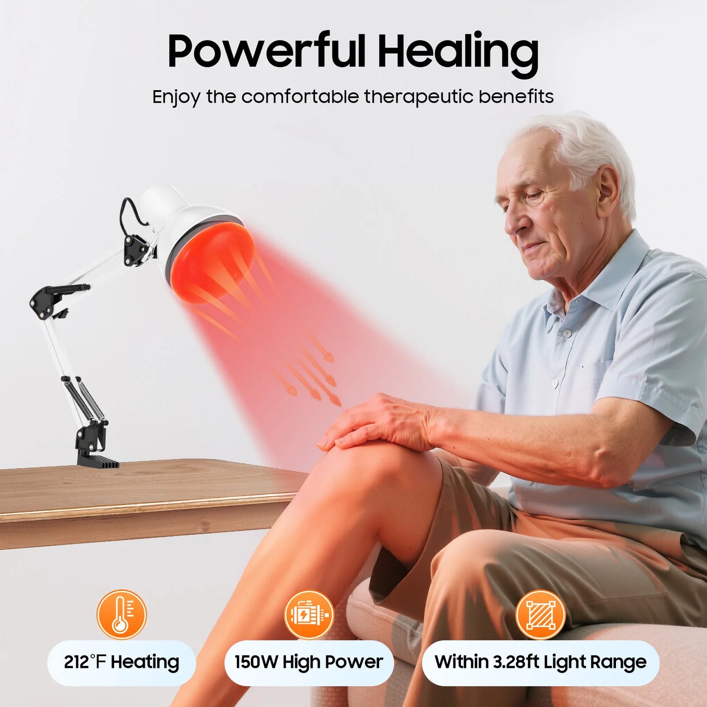 Lámpara de terapia infrarroja Nexorretail de 150W con cabezal ajustable de 360° y mesa plegable para uso terapéutico.