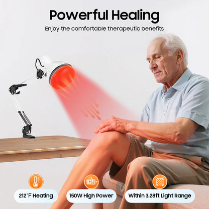 Lámpara de terapia infrarroja Nexorretail de 150W con cabezal ajustable de 360° y mesa plegable para uso terapéutico.