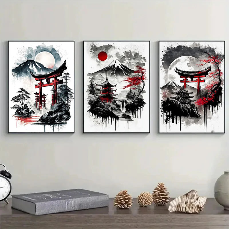 Pintura en lienzo de paisaje Natural japonés sin marco, carteles negros y rojos, impresiones artísticas de pared con tinta Vintage para sala de estar y hogar, 3 uds.