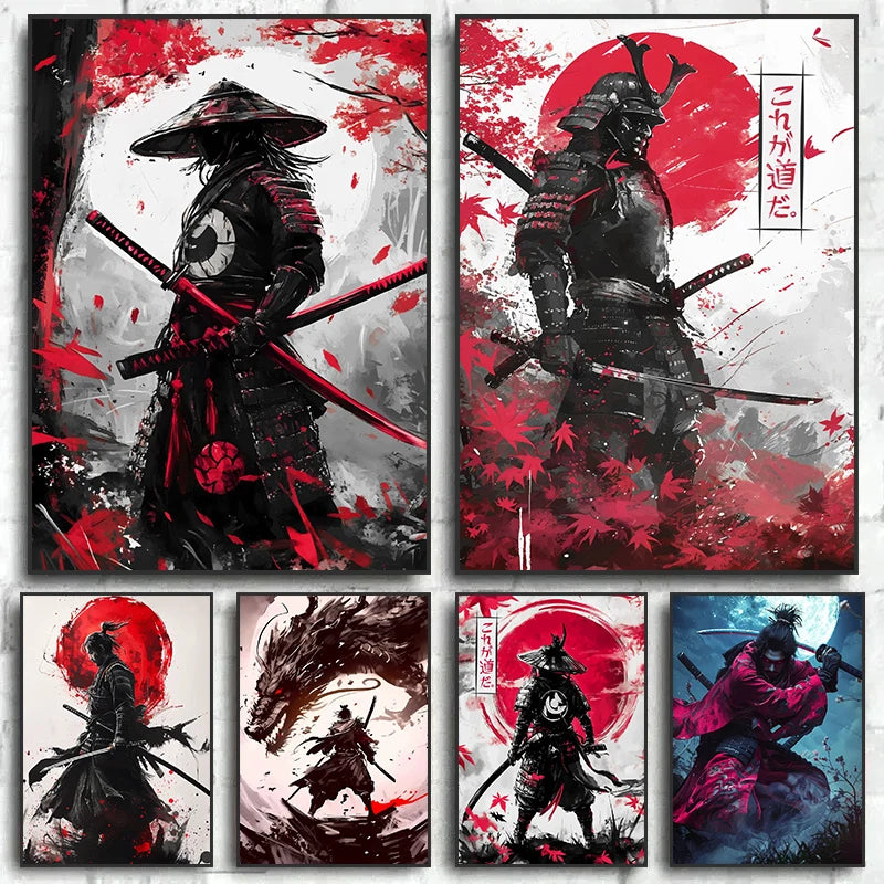 Pósteres de guerrero samurái japonés, lienzo impreso, pintura artística abstracta samurái japonés, imágenes artísticas de pared para decoración del hogar y la sala de estar