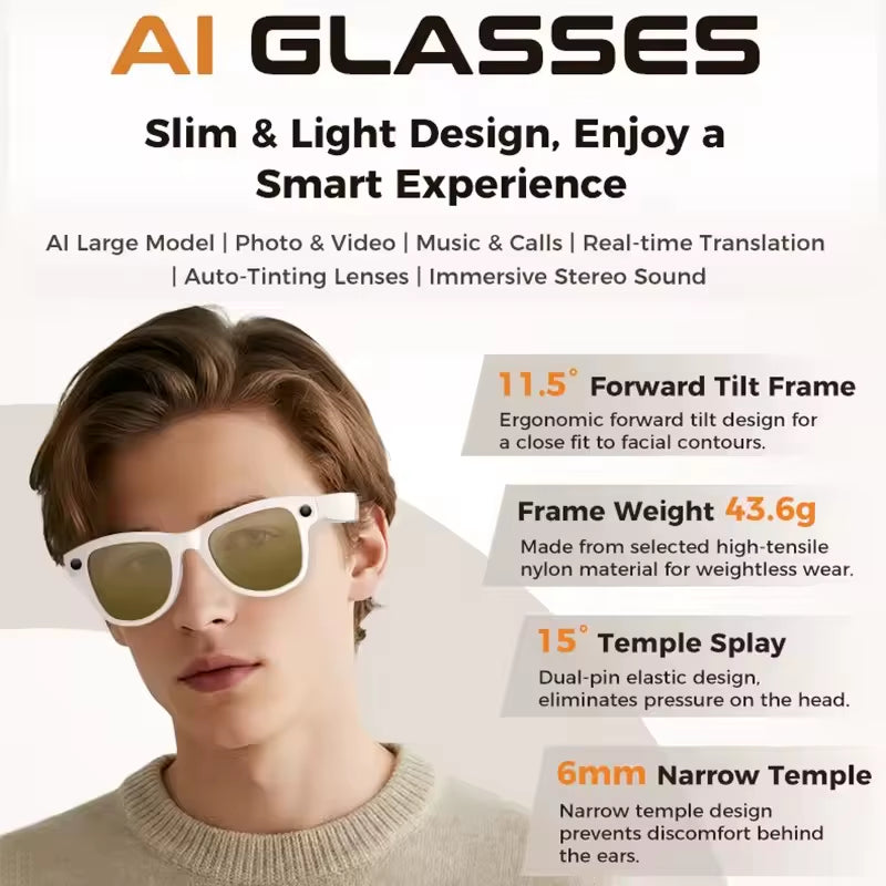 Gafas inteligentes Nexorretail M02 Ultra AI con cámara Sony 8MP y estuche de 3600mAh, vista de frente con pantalla y diseño moderno