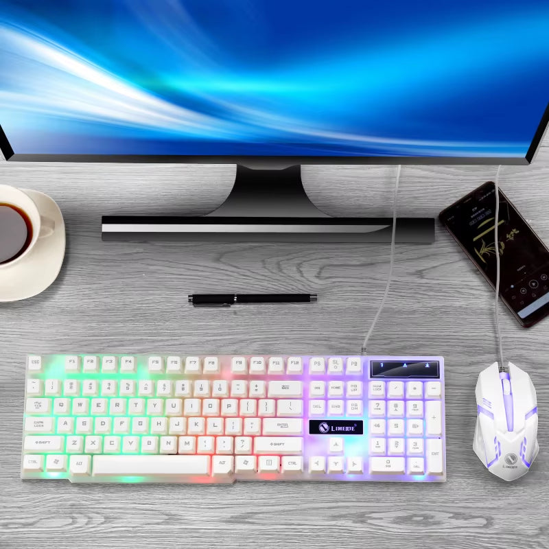 Juego de ratón y teclado para juegos por cable USB, PC, arcoíris, colorido, retroiluminado con LED, Kit de combinación de teclado y ratón para juegos, hogar y oficina