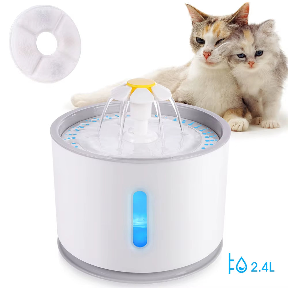 Fuente de agua automática para Gato con iluminación LED, paquete de 5 filtros, 2,4 L, USB, bebedero silencioso para perros y gatos, dispensador de bebidas