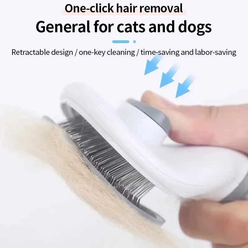 Cepillo para perros y gatos Nexorretail con función de autolimpieza y peine removedor de pelo en uso en mascota.