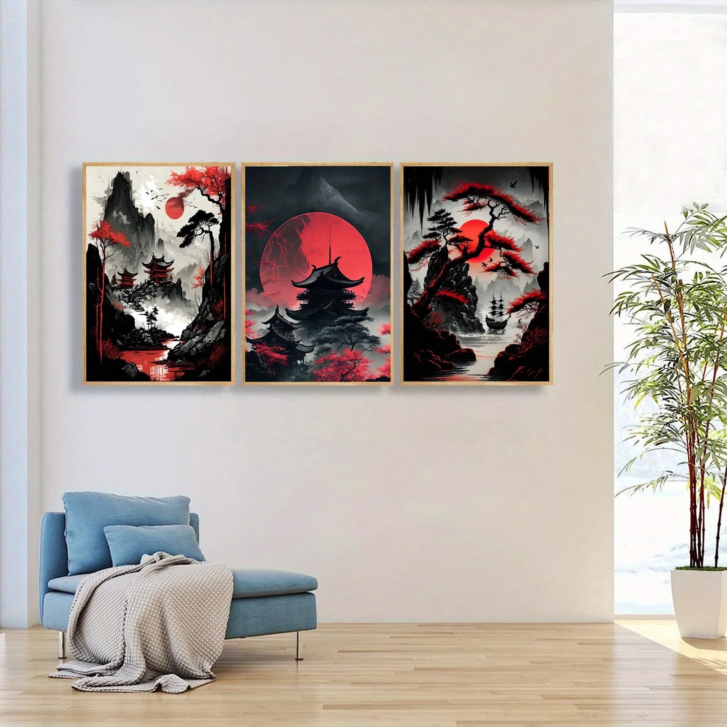 Pintura en lienzo de paisaje Natural japonés sin marco, carteles negros y rojos, impresiones artísticas de pared con tinta Vintage para sala de estar y hogar, 3 uds.