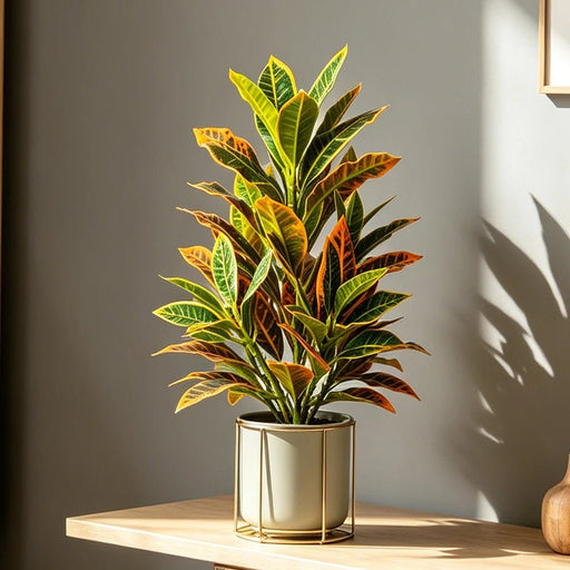Planta artificial de Croton tropical en maceta cerámica blanca con hojas multicolores en tonos verdes, amarillos, naranjas y rojos.