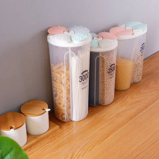 Bote organizador de cocina Nexorretail, con divisiones para alimentos, tapa hermética y diseño de rejillas para almacenamiento.