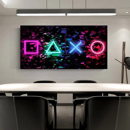 Cuadro de lienzo decorativo con símbolos gaming de neón para pared, arte creativo de Nexorretail para habitación o sala.
