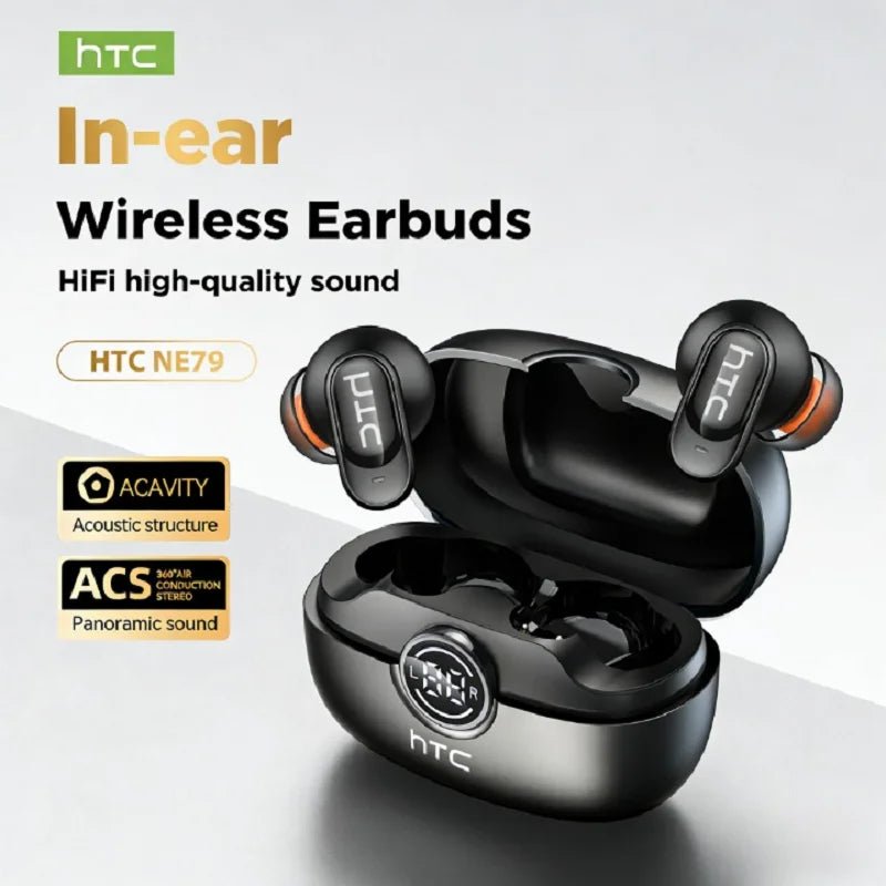 Auriculares Bluetooth HTC NE79 TWS de Nexorretail con traductor IA, sonido HiFi y micrófono para llamadas en diseño intrauditivo negro.