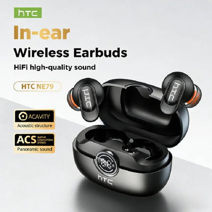 Auriculares Bluetooth HTC NE79 TWS de Nexorretail con traductor IA, sonido HiFi y micrófono para llamadas en diseño intrauditivo negro.