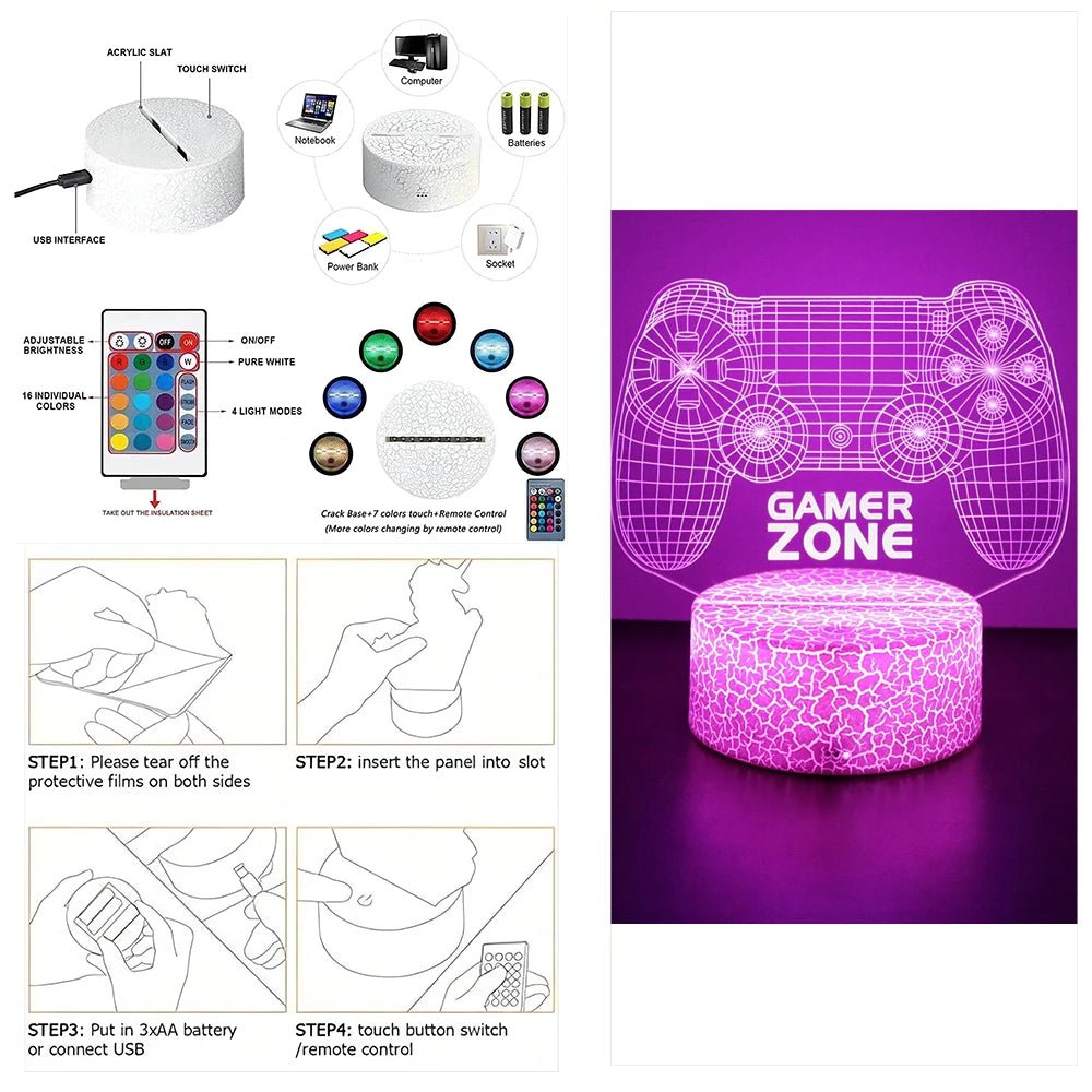 Lámpara LED 3D de Neón RGB para escritorio gamer y habitación, con diseño de luces nocturnas y decoración de juegos.
