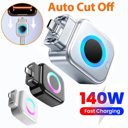 Cargador USB C de carga rápida Nexorretail de 140W con apagado automático y diseño compacto para teléfonos y dispositivos.