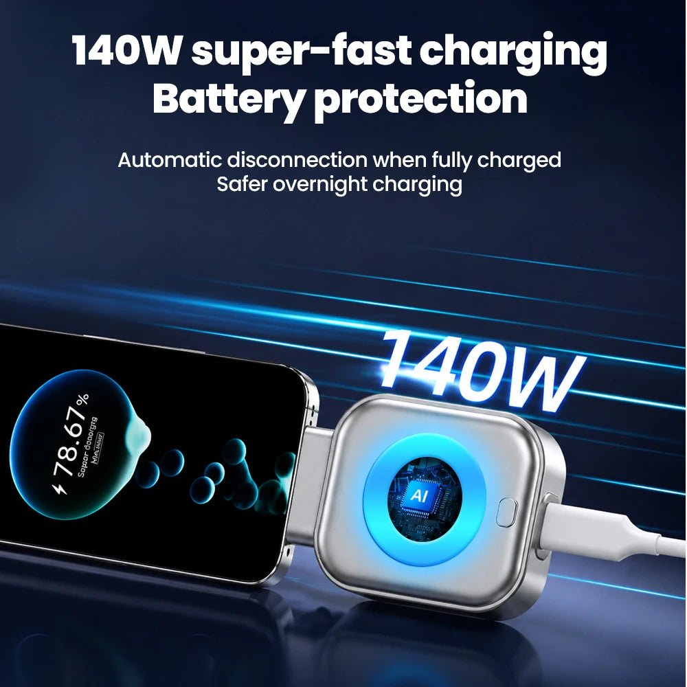 Cargador USB C de carga rápida Nexorretail de 140W con apagado automático, compatible con teléfonos y dispositivos Type-C.