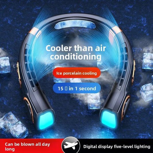 Ventilador de cuello portátil recargable Nexorretail en color rosa, con diseño manos libres y función USB para uso interior y exterior.
