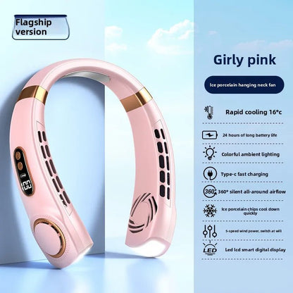 Ventilador de cuello portátil recargable USB de Nexorretail en color rosa, manos libres, ideal para interiores y exteriores.