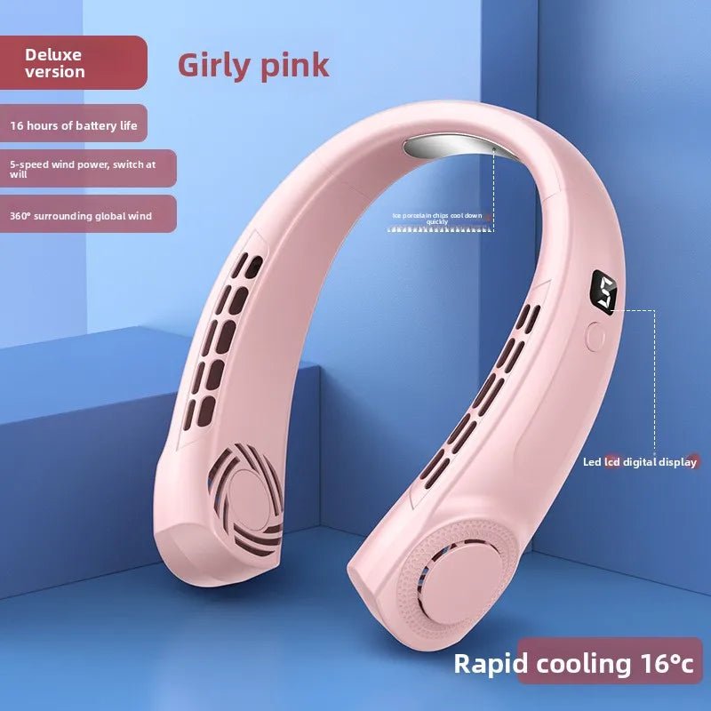 Ventilador de cuello portátil recargable USB Nexorretail en color rosa, manos libres, ideal para uso en interiores y exteriores.