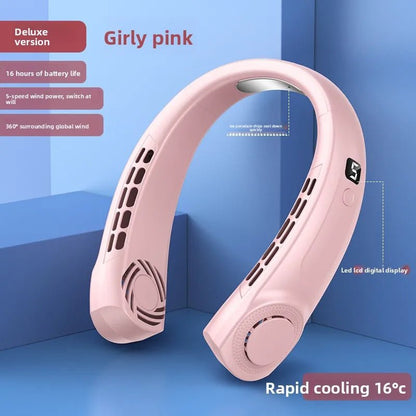 Ventilador de cuello portátil recargable USB Nexorretail en color rosa, manos libres, ideal para uso en interiores y exteriores.