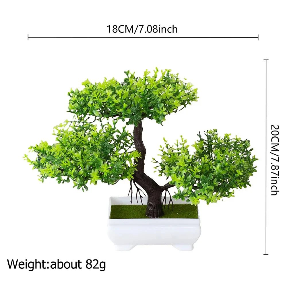 Bonsái artificial en maceta de tamaño pequeño, planta decorativa para hogar y jardín, con follaje verde y tronco realista.
